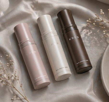 Collage of KREN skincare products in various colors with packaging.